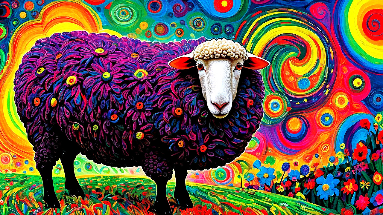 Whimsical Purple Sheep Against Colorful Background