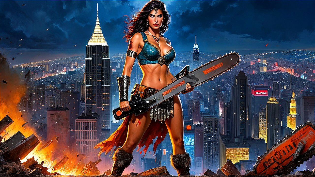 Warrior in Blue and Gold Amidst Ruined Cityscape