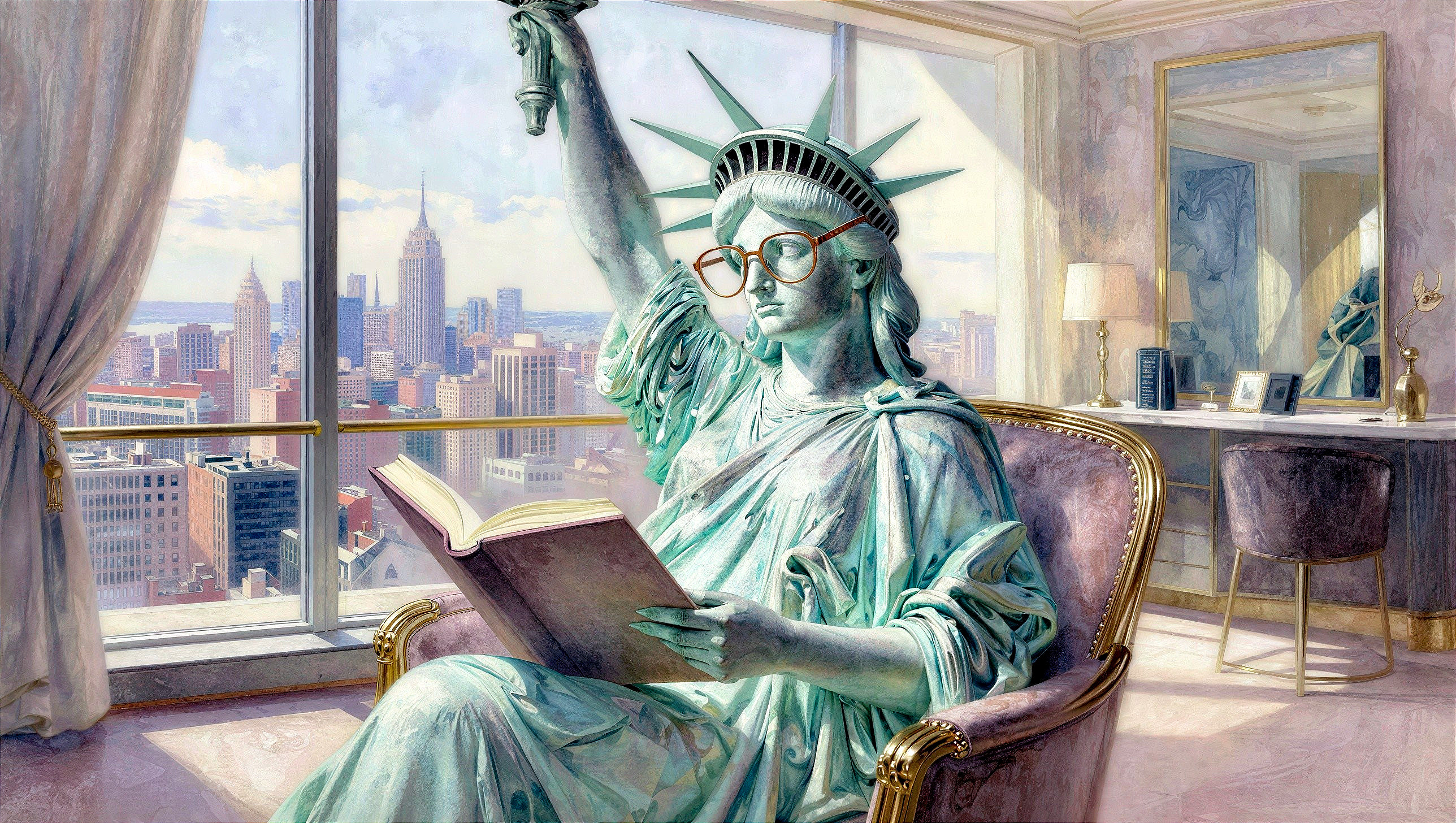 Photorealistic depiction of Statue of Liberty in hotel room