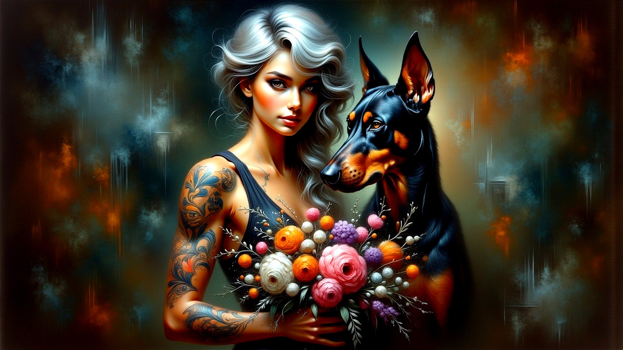 Striking Woman with Silvery Hair and Doberman Dog