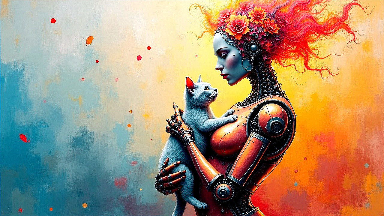 Futuristic Robot with Cat in Vibrant Color Background