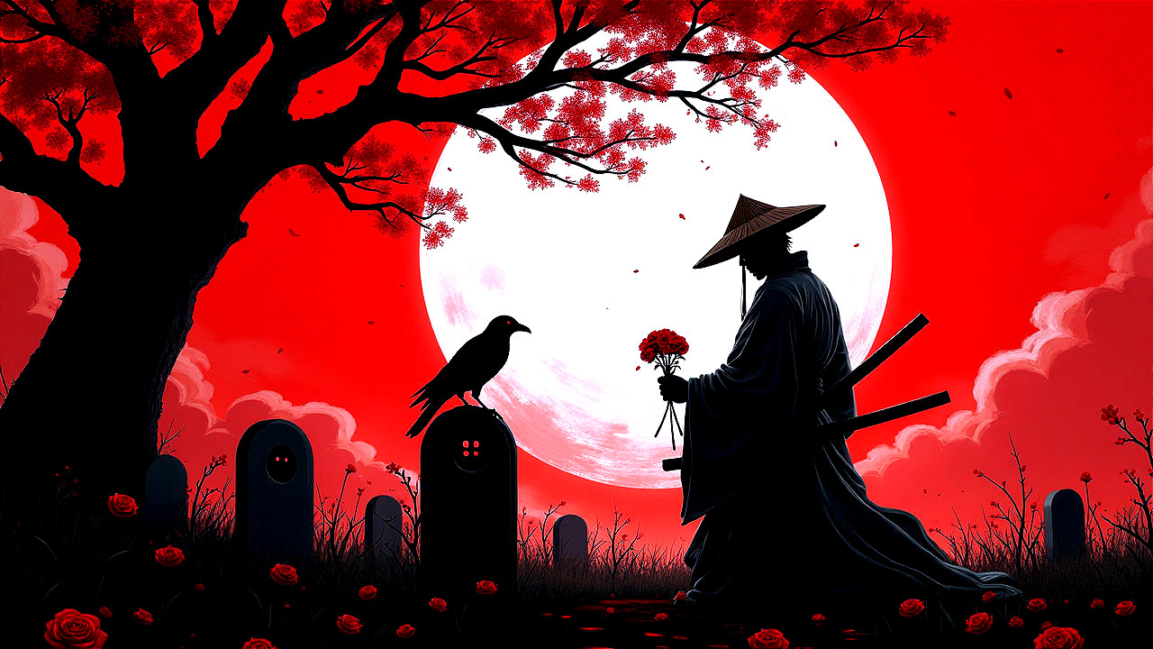 Samurai Silhouette in Graveyard Under Full Moon