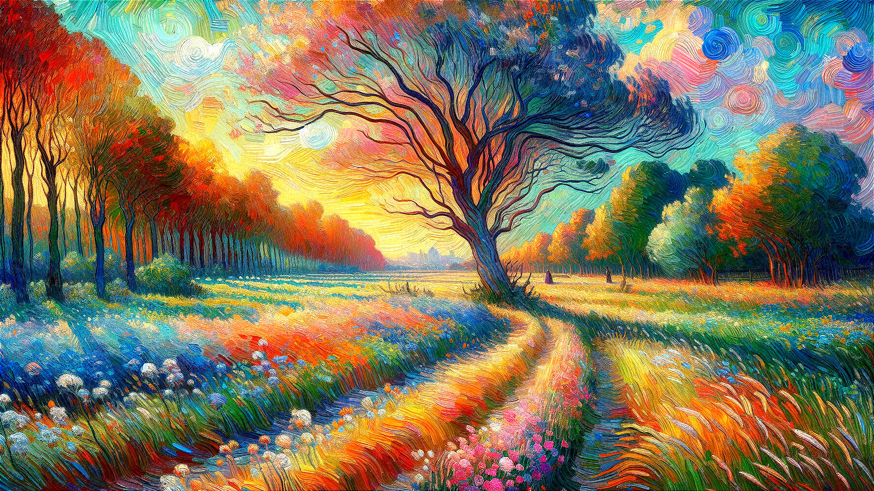 Vibrant Landscape with Colorful Meadow and Trees