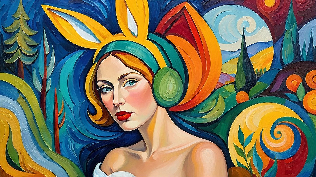 Vibrant Portrait of a Woman with Bunny Ears and Colors