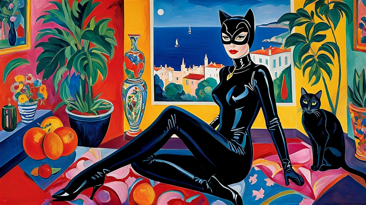 Vibrant Scene with Figure in Black Catsuit and Nature