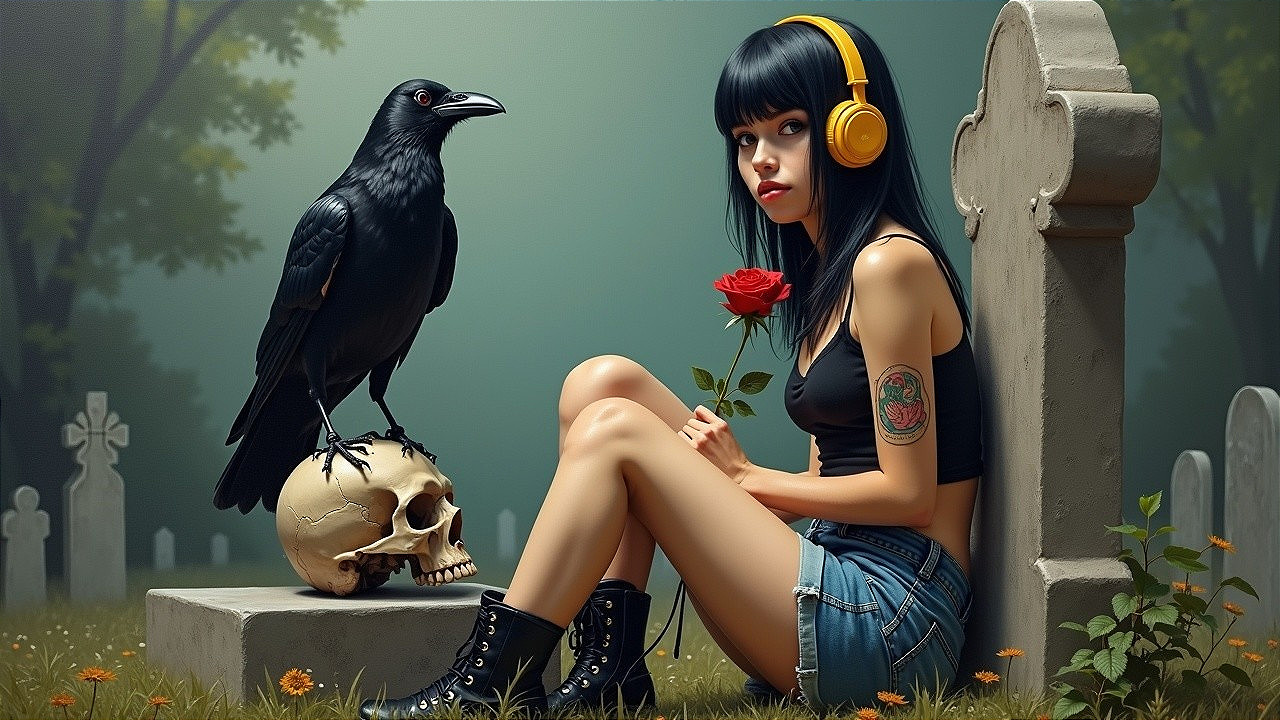 Young Woman in Graveyard with Raven and Rose