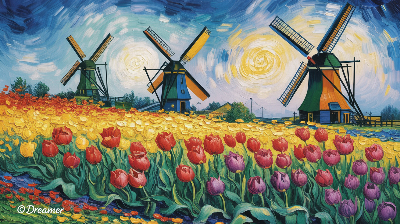 Vibrant Tulip Fields with Windmills and Sky Colors