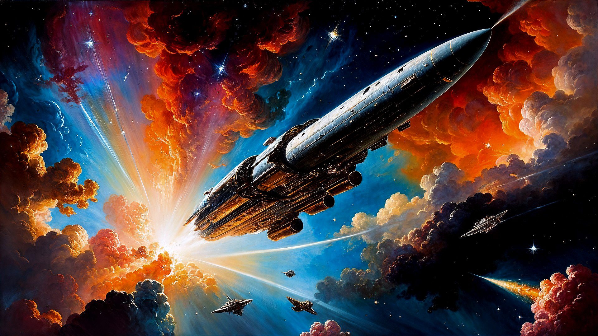 Sleek spacecraft in vibrant cosmic scene with nebulae