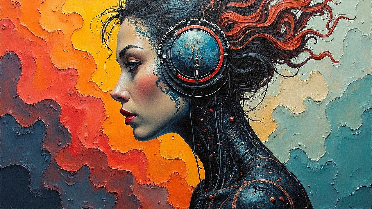 Young woman with vibrant hair and futuristic headphones