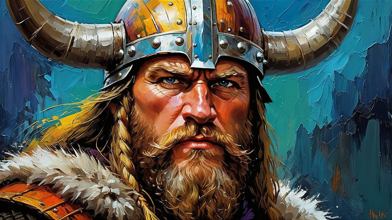 Viking Warrior with Horned Helmet and Braided Beard