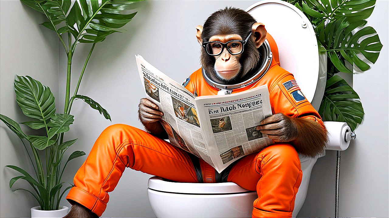 Monkey in Orange Astronaut Suit Reading on Toilet