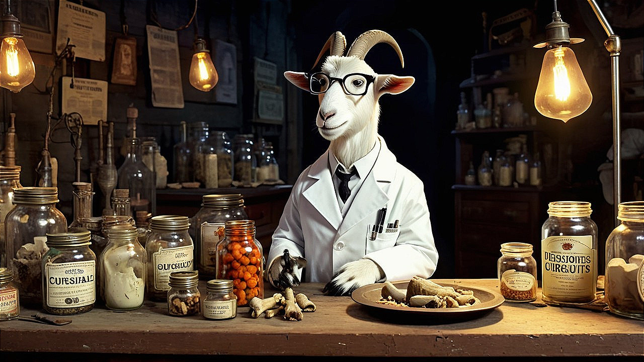 Whimsical Apothecary Scene with Goat in Lab Coat