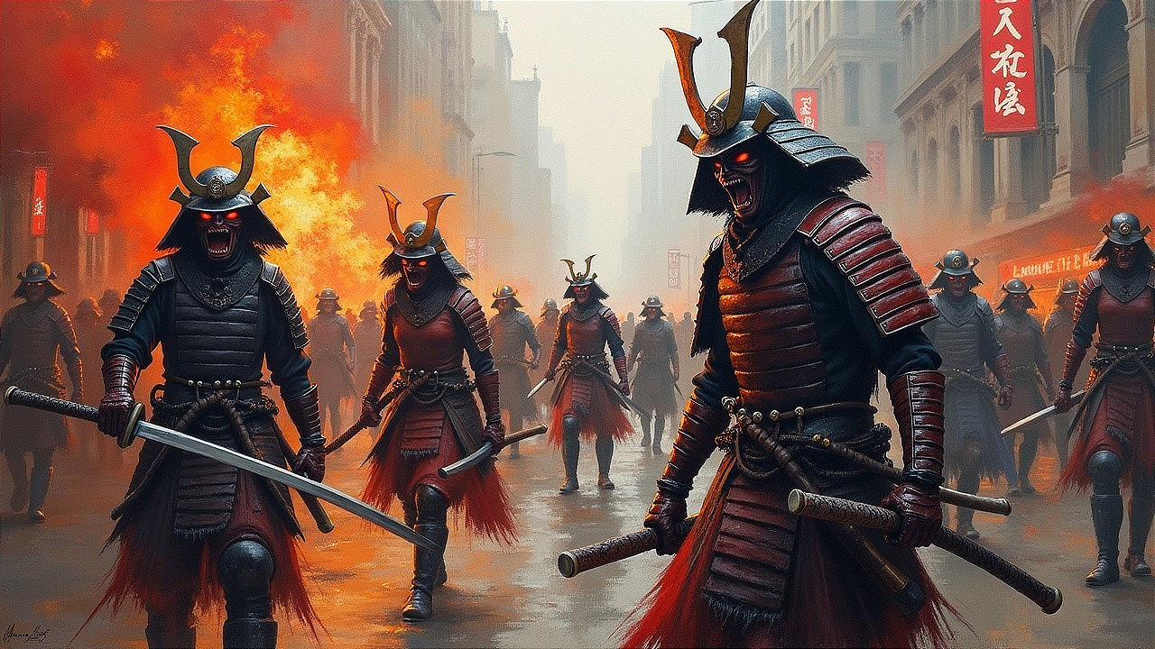 Samurai Warriors in Chaotic Urban Battlefield Scene