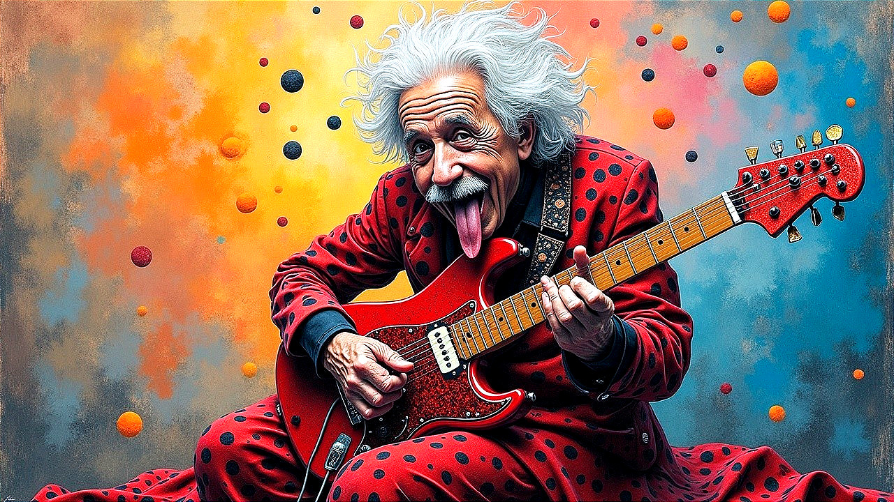 Whimsical Character with Electric Guitar in Abstract Scene
