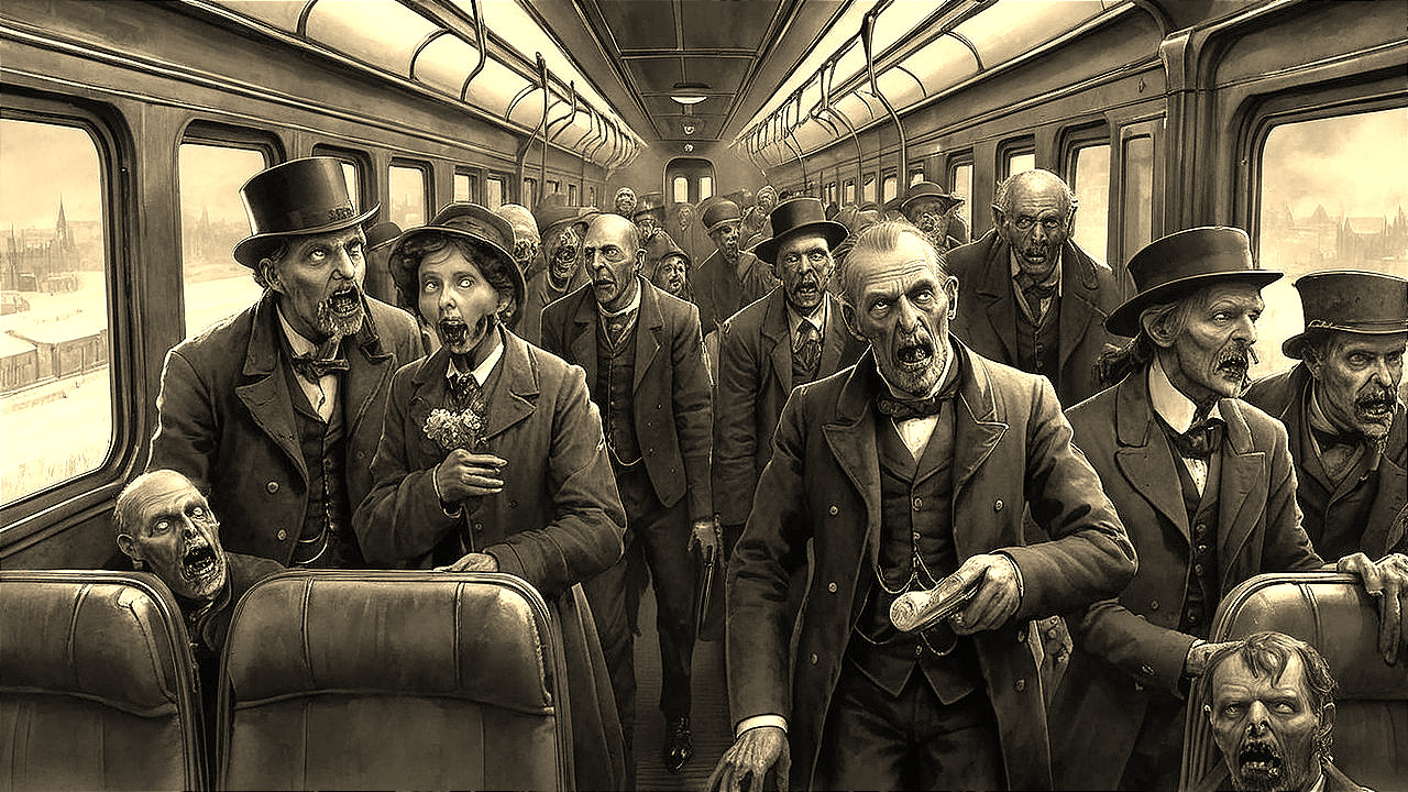 Vintage train carriage with eerie zombie figures