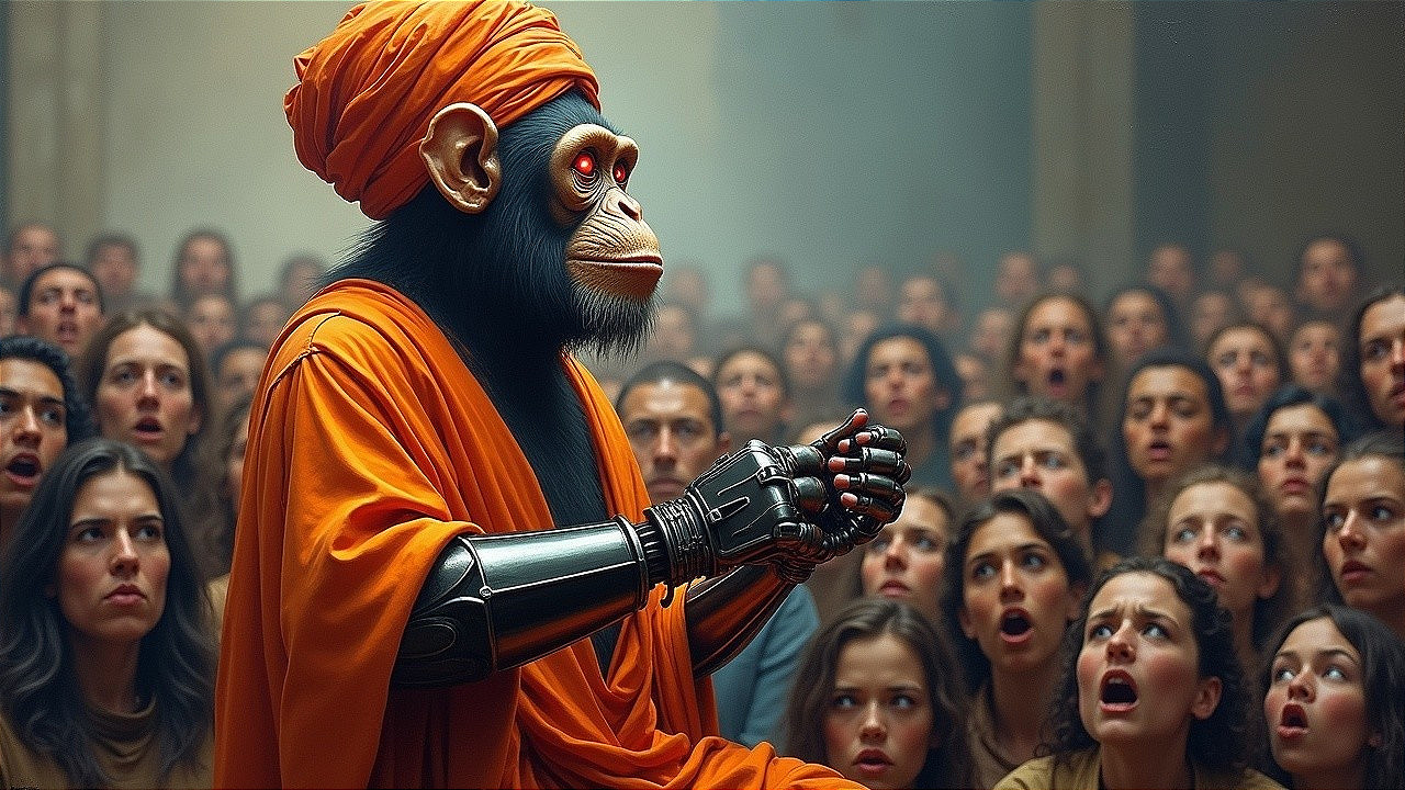 Robotic Chimpanzee in Orange Robe Surrounded by Audience