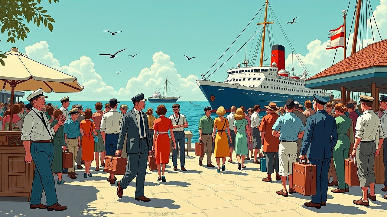 Vintage Harbor Scene with Ocean Liner and 1950s Attire