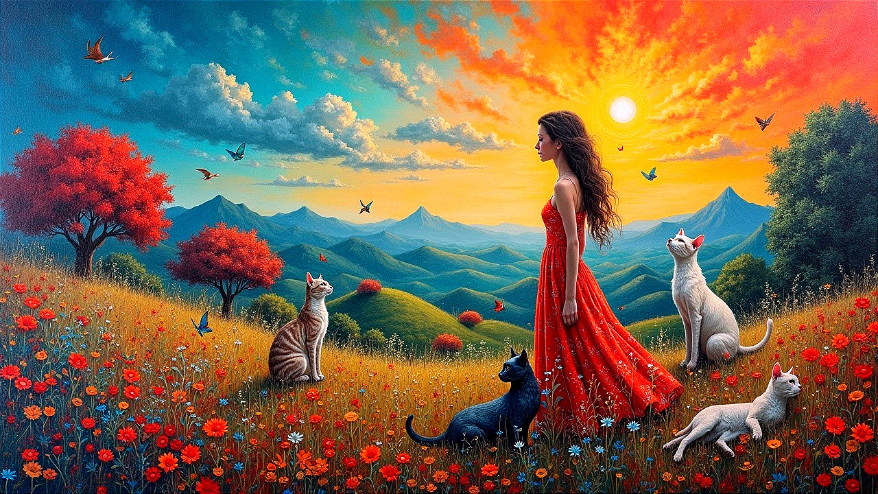 Woman in Red Dress Walking in a Colorful Meadow