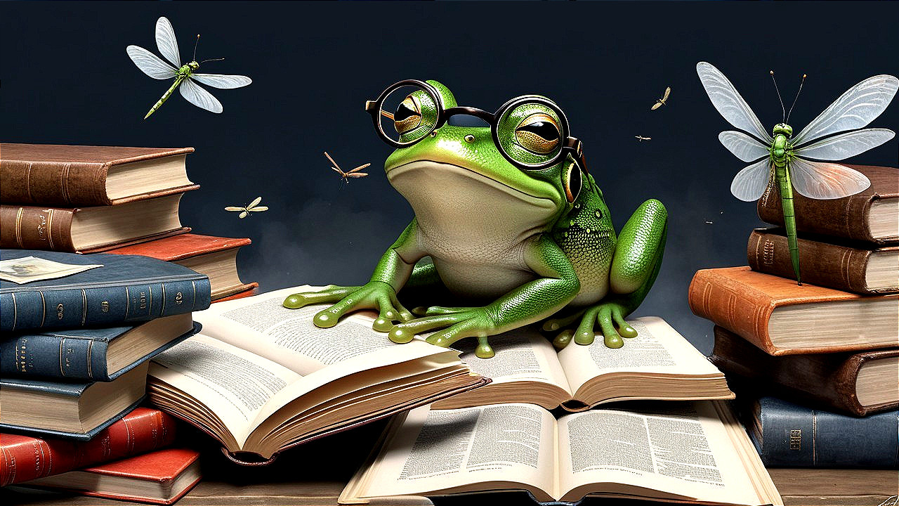 Whimsical Frog with Glasses Among Open Books