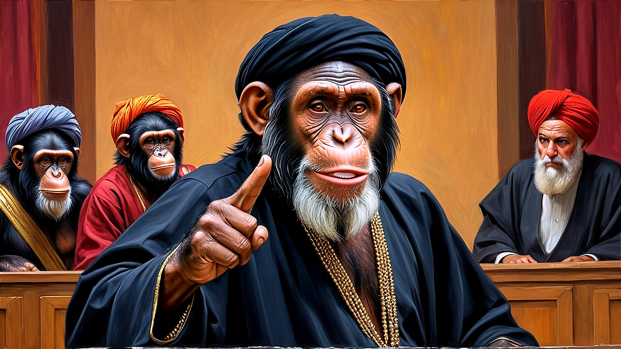 Monkey Courtroom Scene with Traditional Attire
