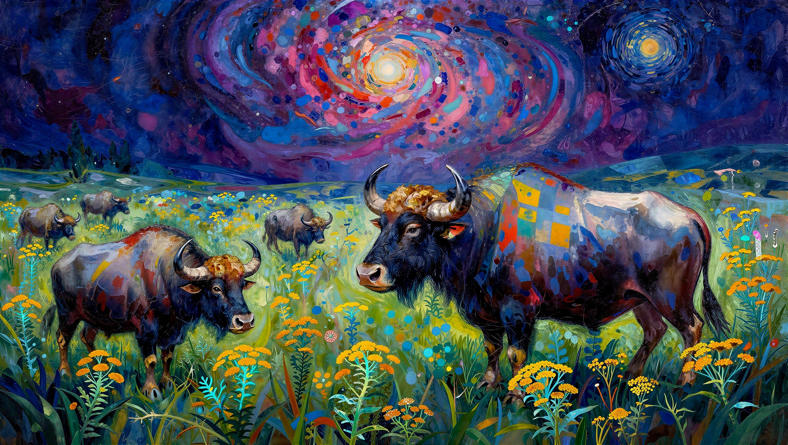 Dramatic Painting of Colorful Bull-Like Creatures