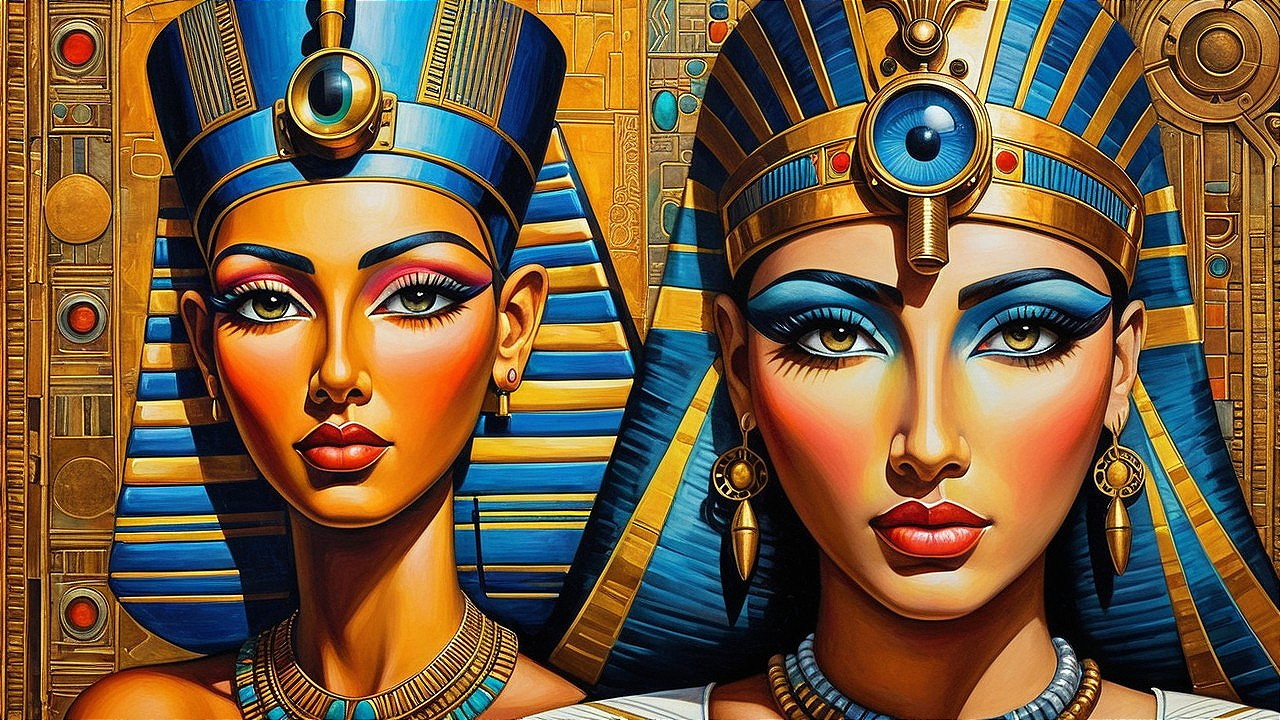 Ancient Egyptian Queens with Jewelry and Hieroglyphs