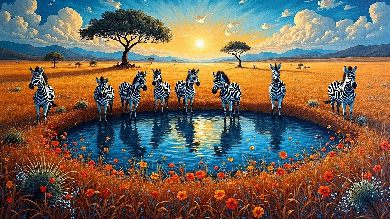 Vibrant Sunset with Zebras at a Waterhole Scene