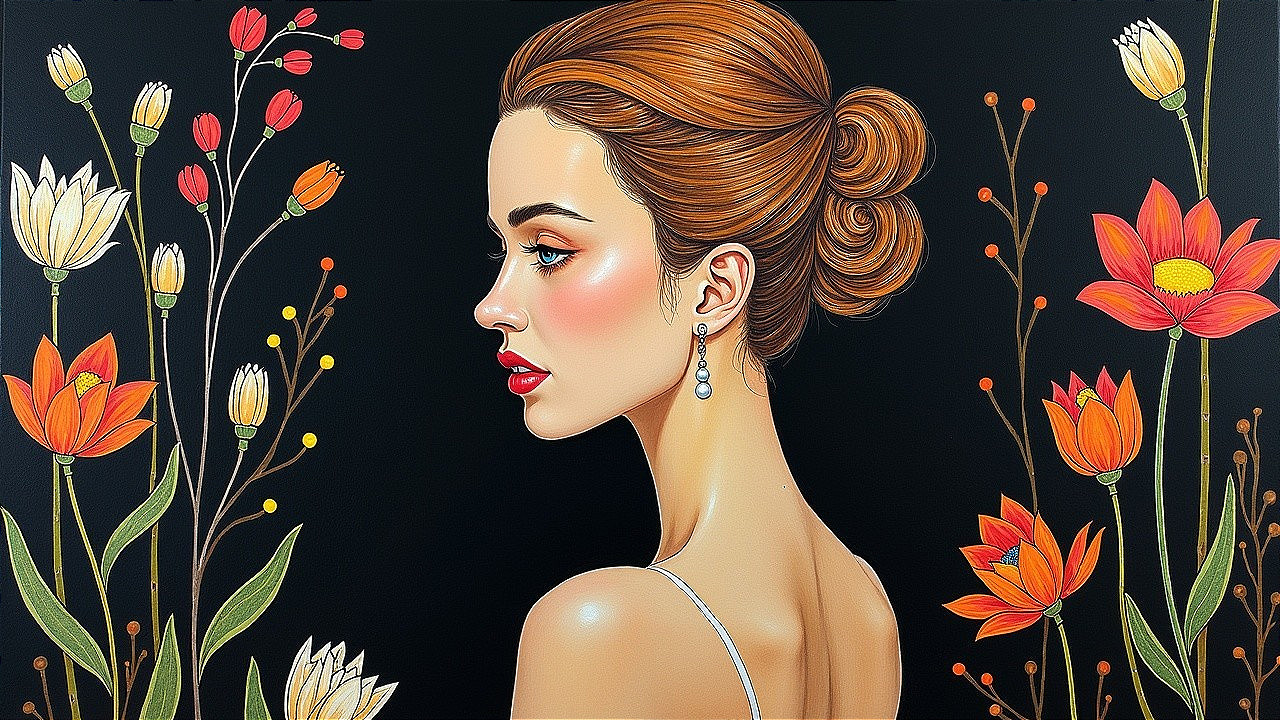 Elegant Woman with Bun Hairstyle and Colorful Flowers