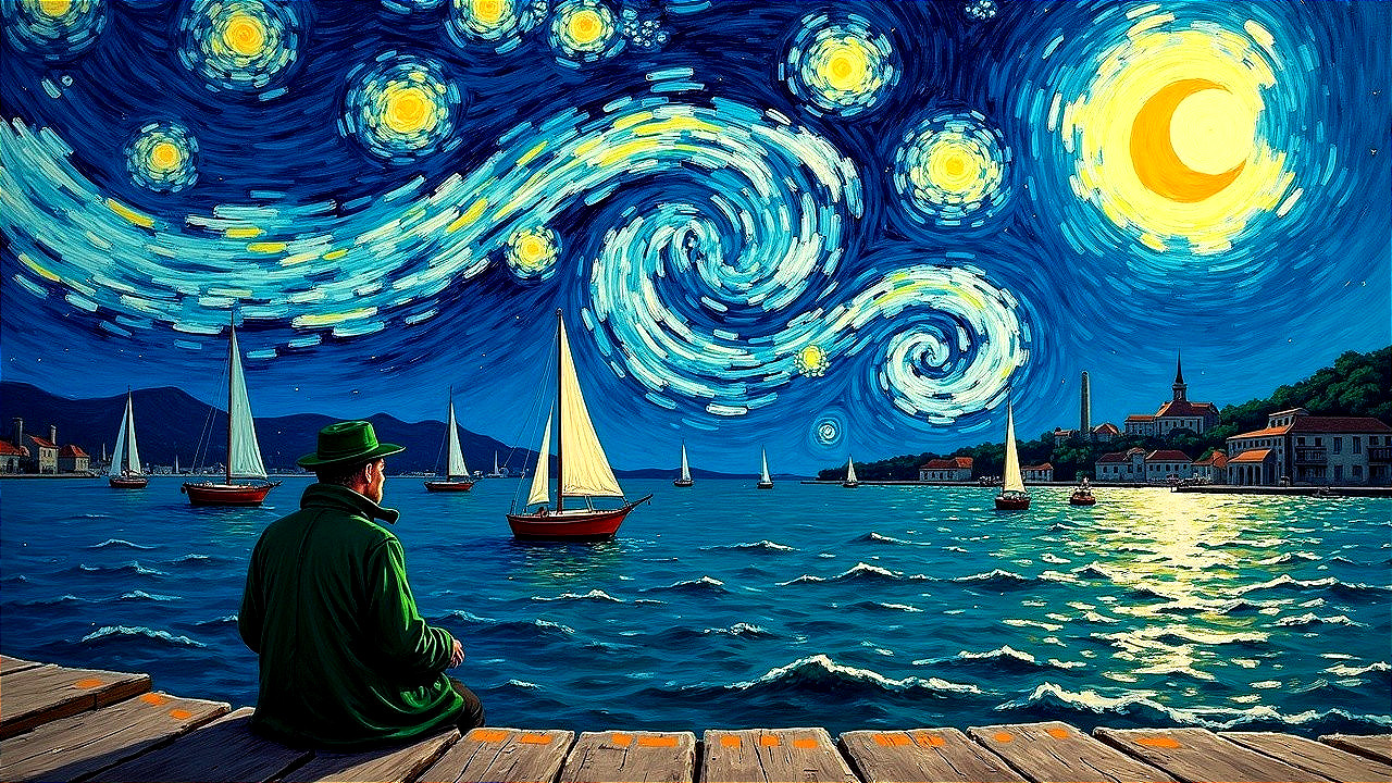 Serene Night Sky with Figure by Wooden Pier
