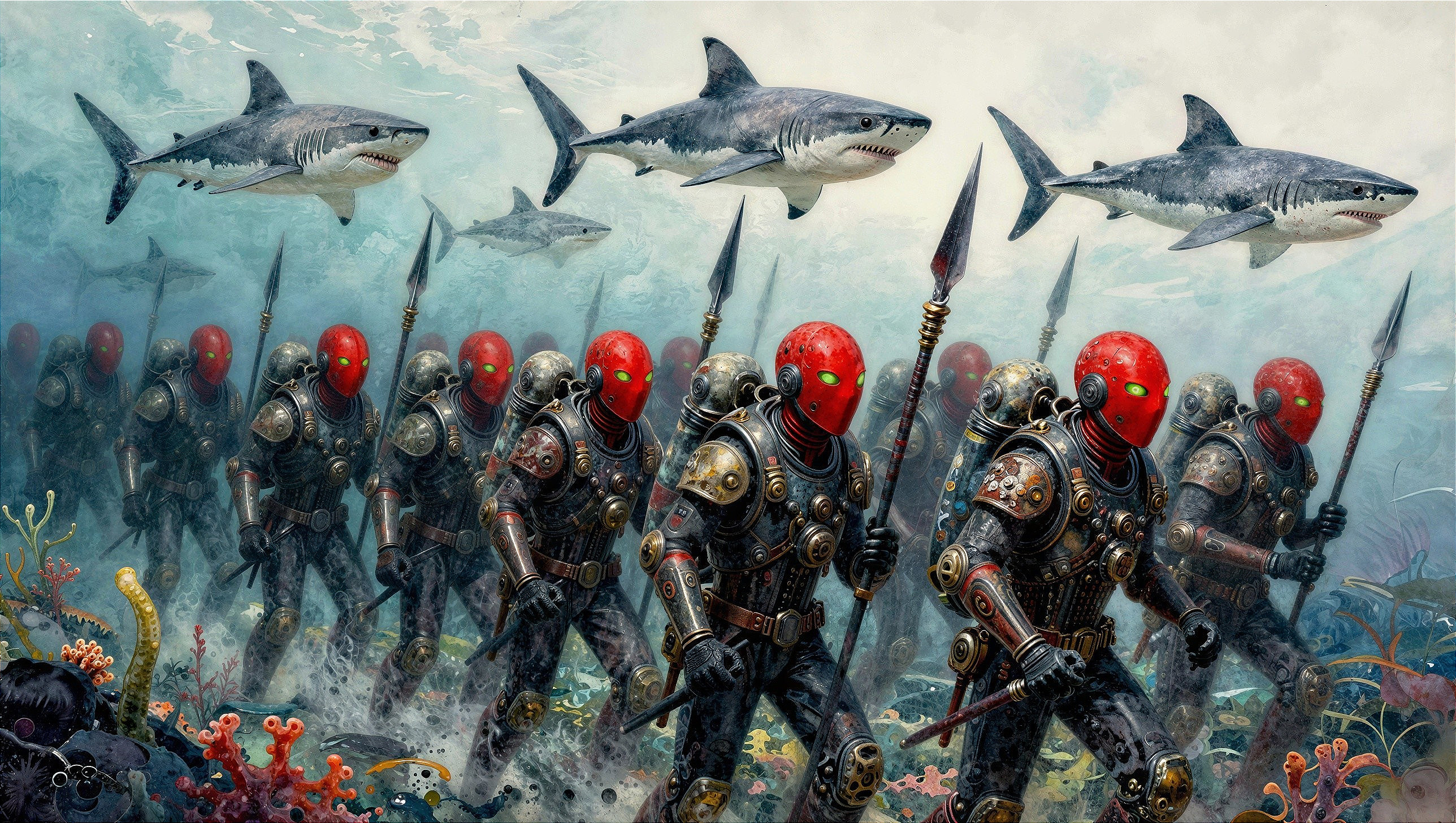 Steampunk Undersea Army with Sharks and Soldiers