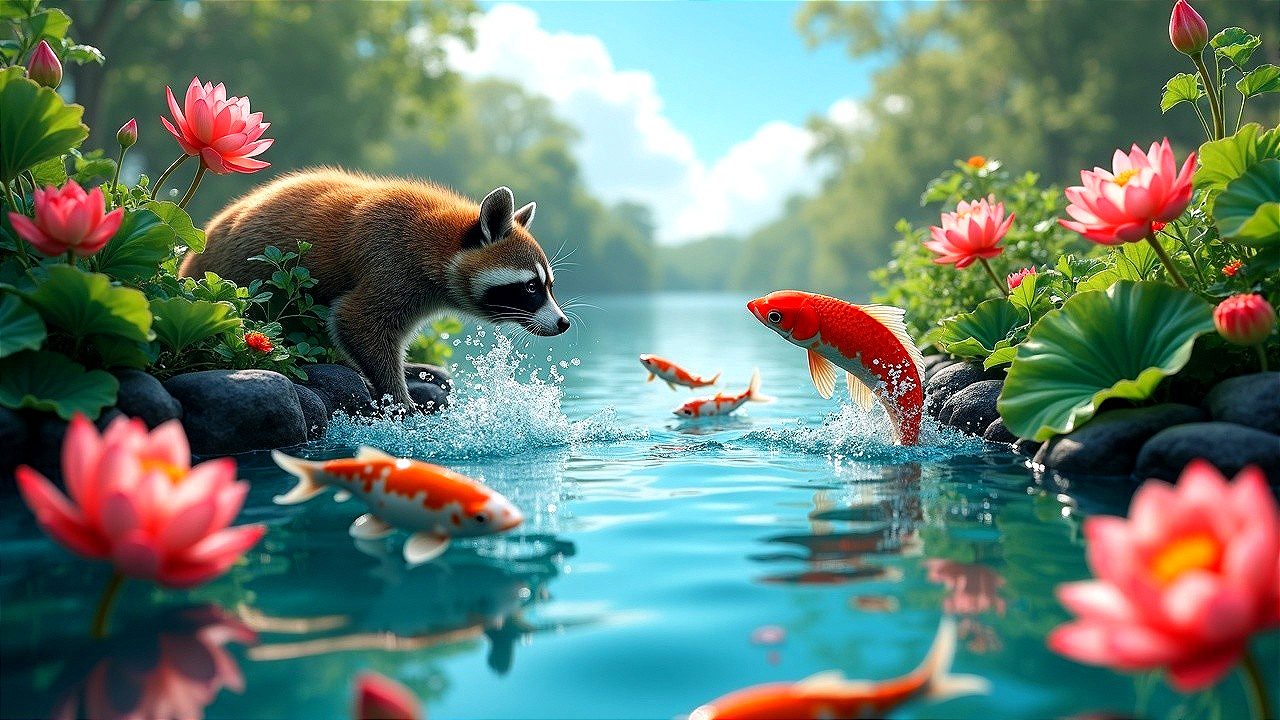 Raccoon Observing Koi Fish in Serene Pond Setting