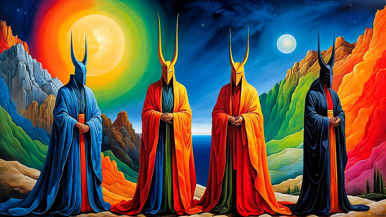 Three Figures in Vibrant Robes Against Surreal Landscape