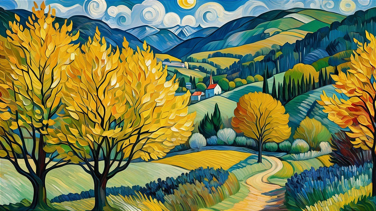 Vibrant Autumn Landscape with Rolling Hills and Trees