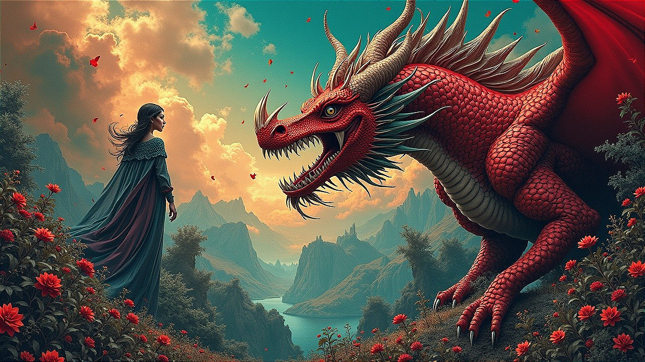 Majestic Red Dragon in a Fantastical Landscape
