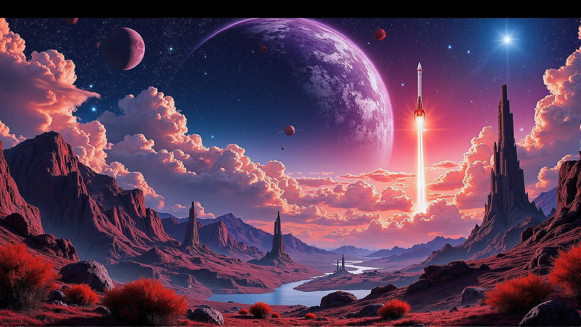 Cosmic Landscape with Celestial Bodies and Rocket Launch