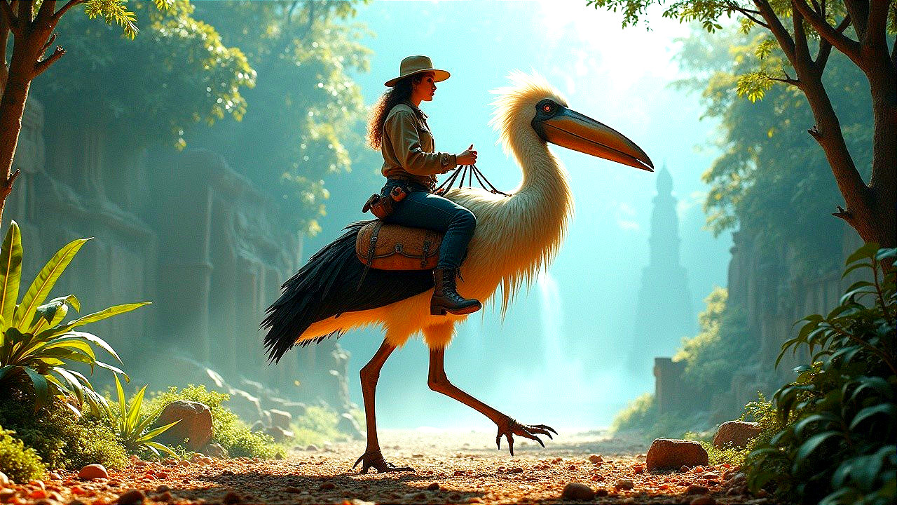 Woman on whimsical bird in misty landscape with ruins