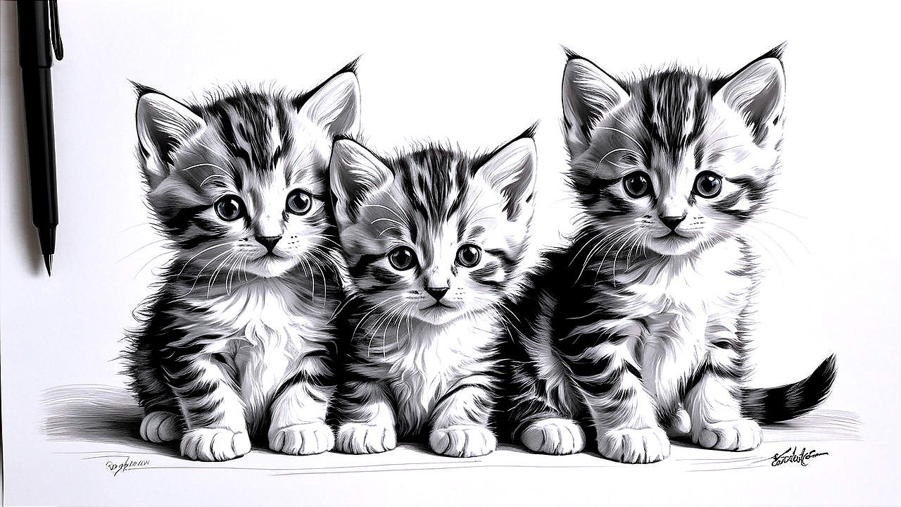 Monochrome Illustration of Three Detailed Kittens