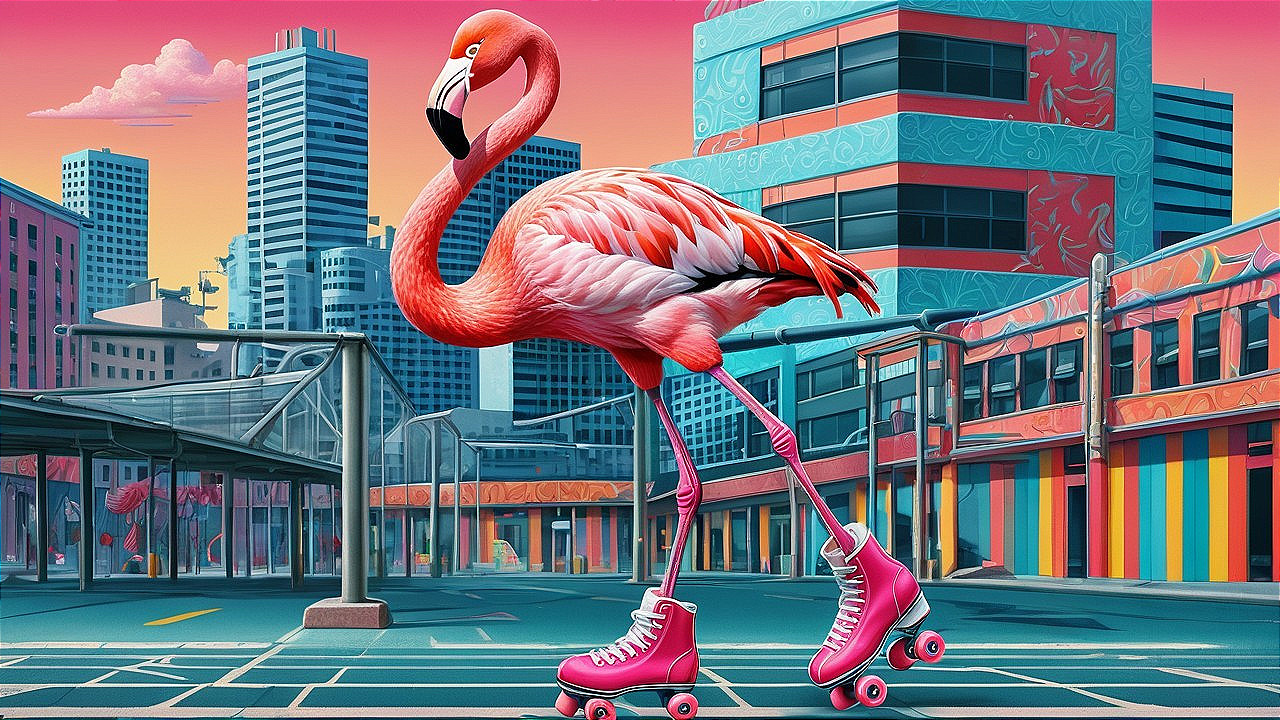 Surreal Scene of Flamingo on Roller Skates in City