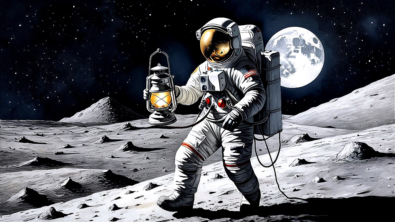 Astronaut on Moon with Vintage Lantern in Dark Sky