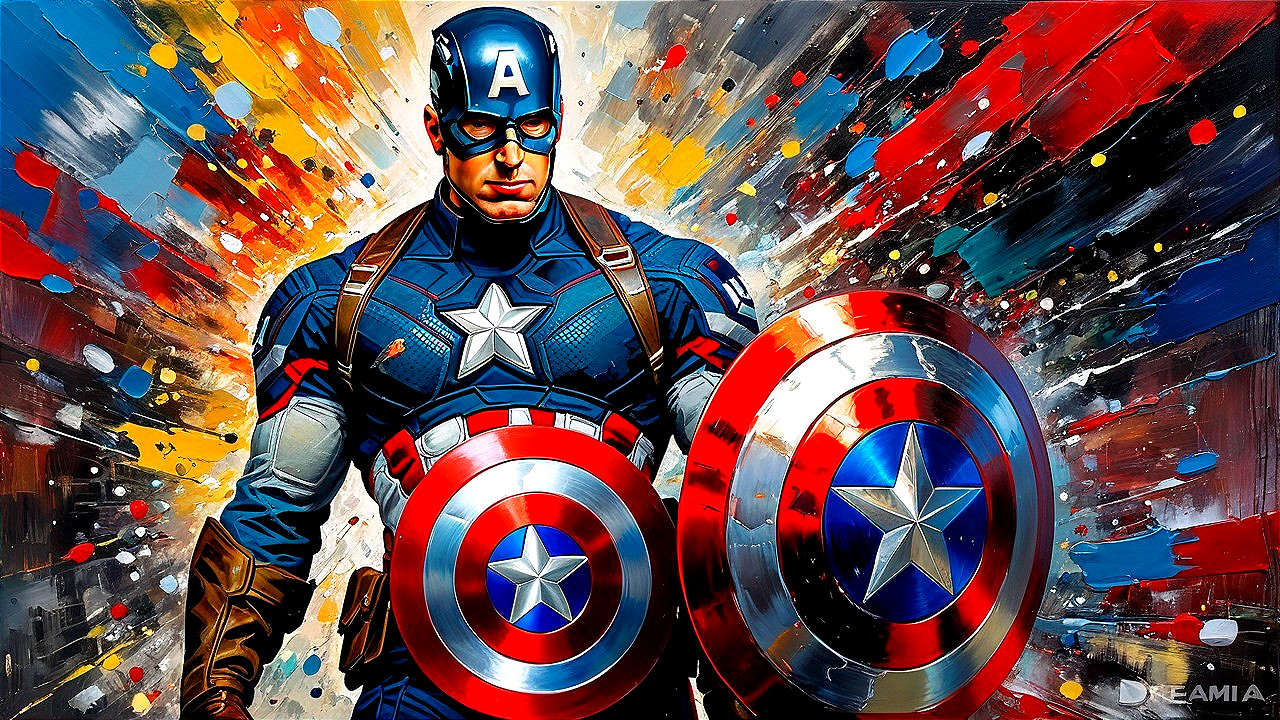 Heroic figure in blue and red costume with shields