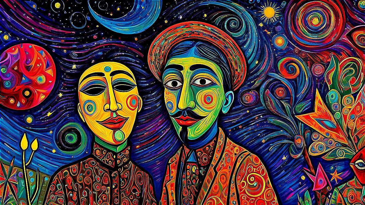 Vibrant Whimsical Artwork of Stylized Cosmic Figures