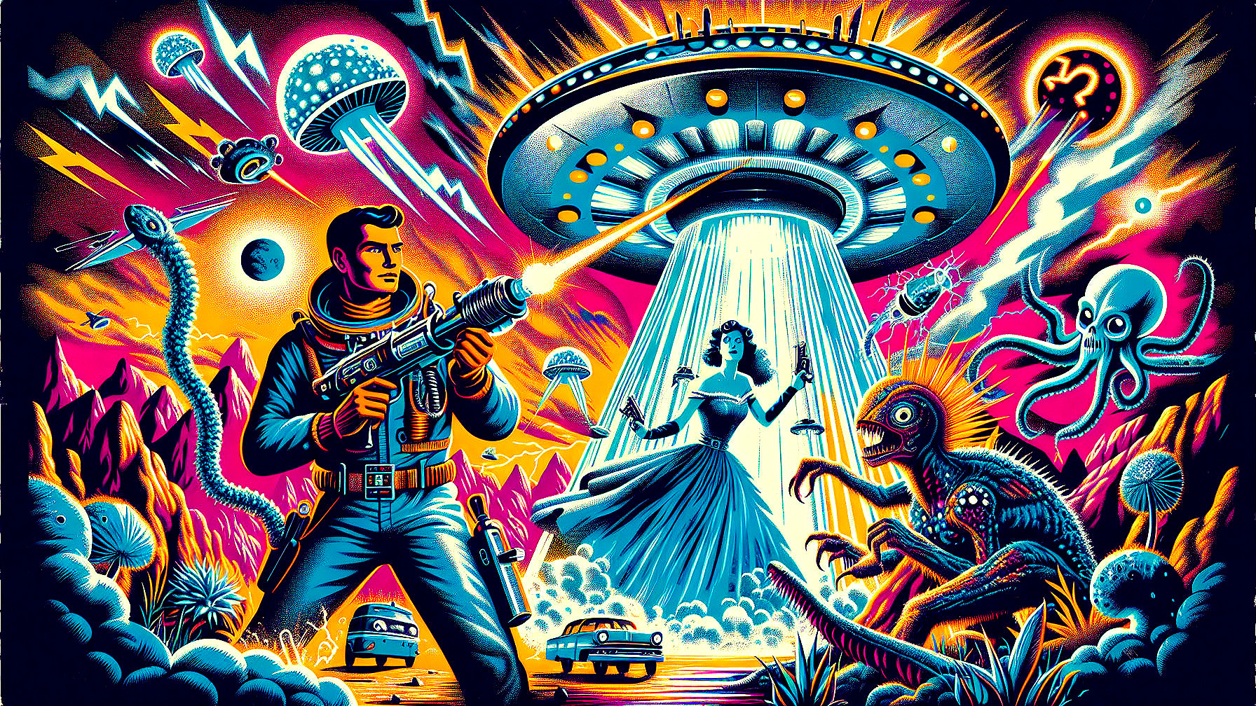 Retro-futuristic astronaut faces alien invasion scene