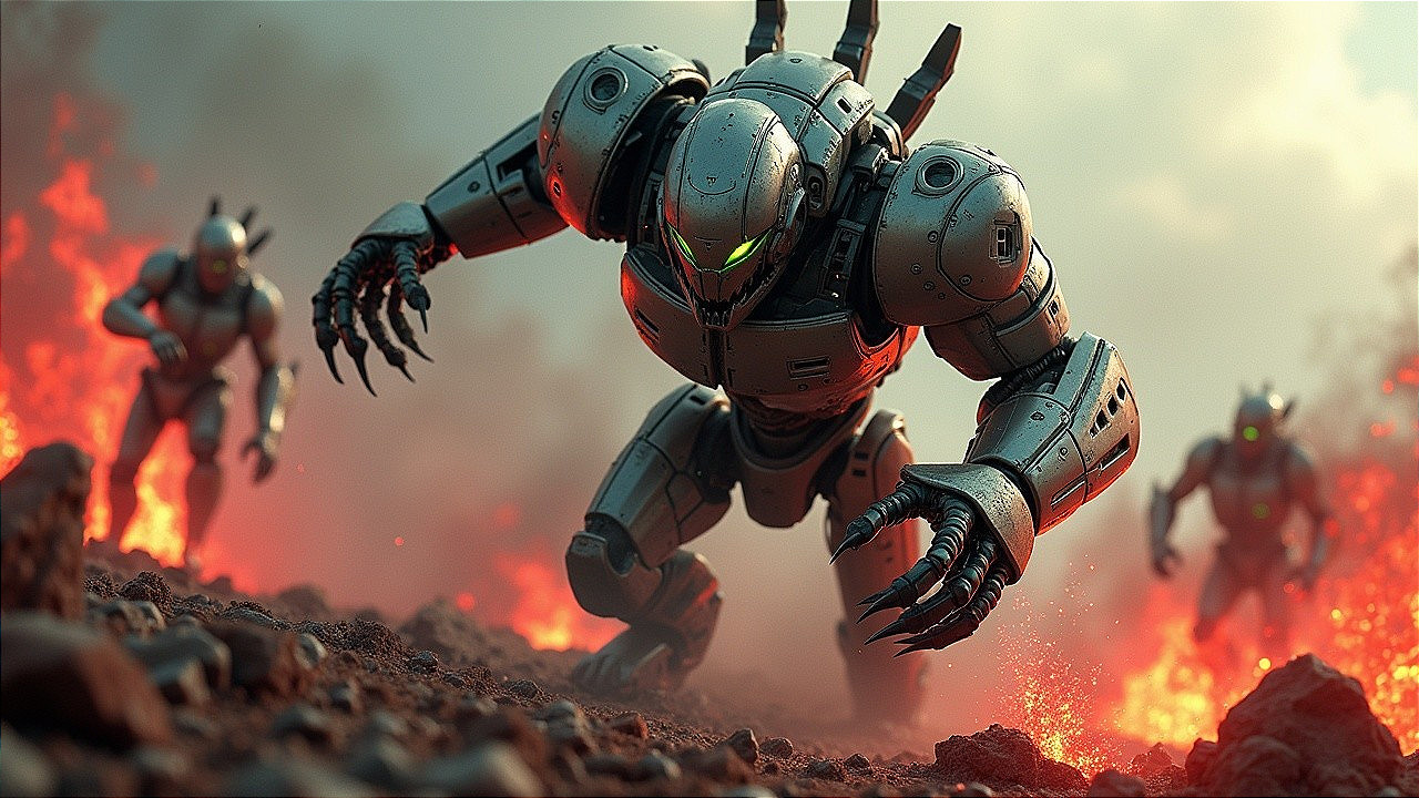 Menacing robots in a fiery landscape with glowing eyes