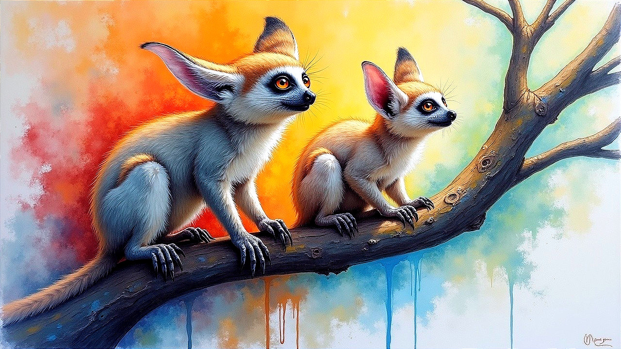 Cartoonish Fennec Foxes on a Colorful Branch