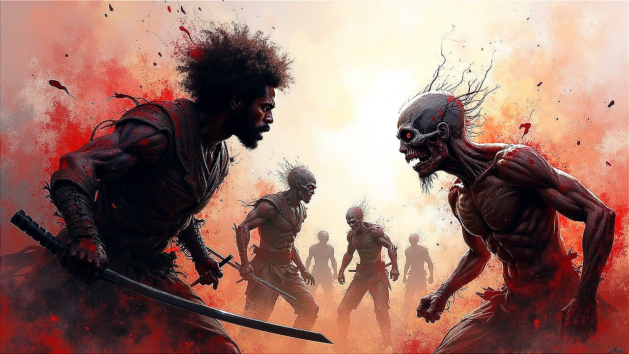 Warrior vs. Skeletal Figure in Epic Battle Scene