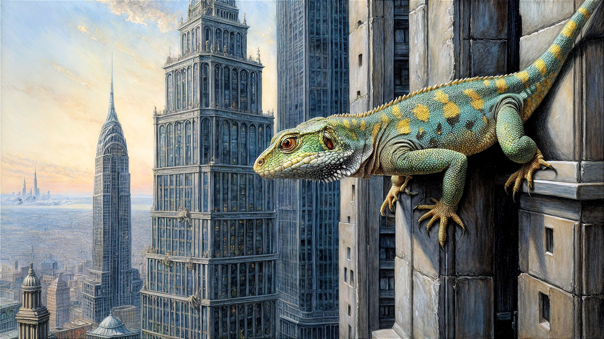 Large lizard on skyscraper with urban skyline view