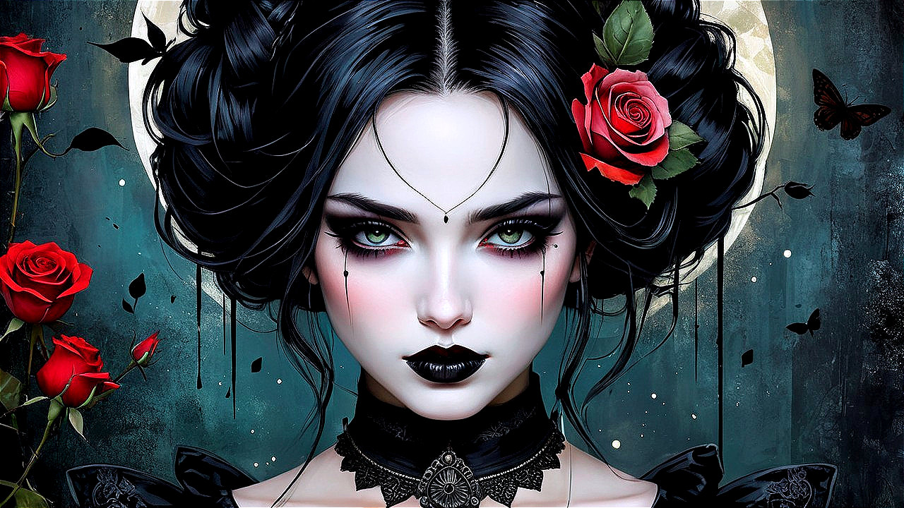 Gothic Woman with Pale Skin and Dramatic Makeup