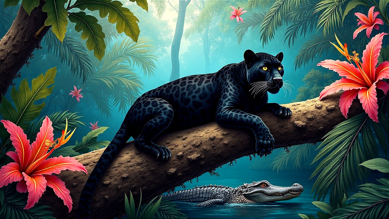 Black Panther and Alligator in Jungle Scene