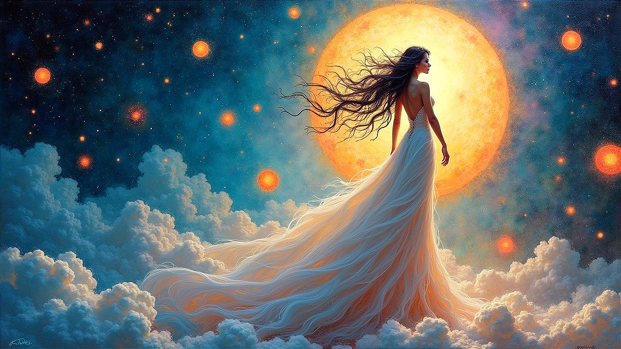 Ethereal Figure on Clouds Under Radiant Sun and Stars