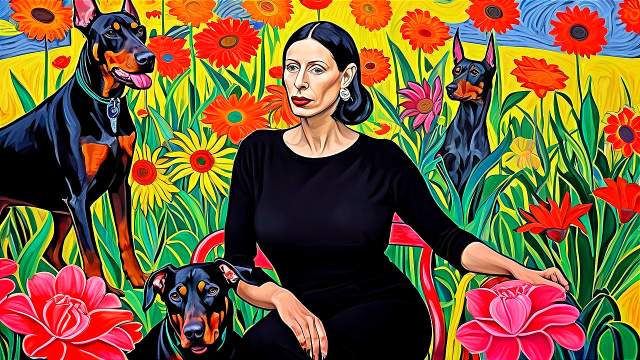 Woman in black outfit with Dobermans and flowers